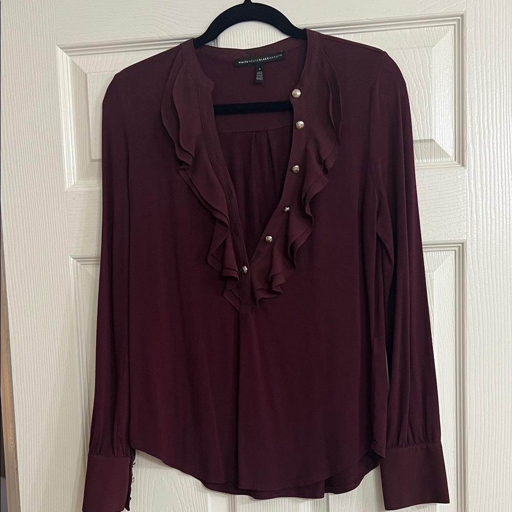 White House Black Market Burgundy Ruffle-Neck Blouse